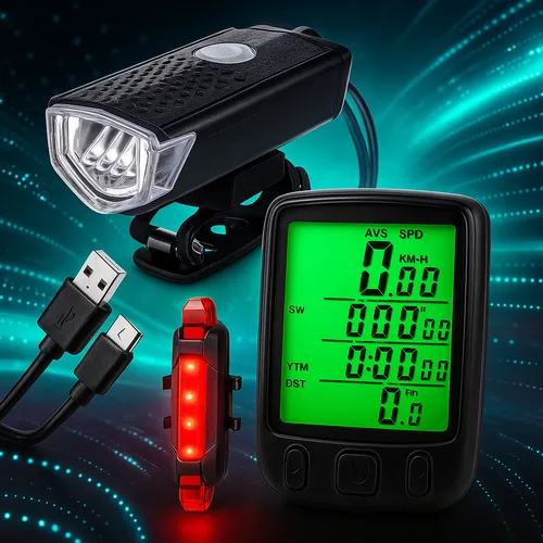 Kit Bike Farol Lanterna Recarregável E Velocimetro Noturno Ciclocomputador Led Usb À Prova D'Água - Megatroca