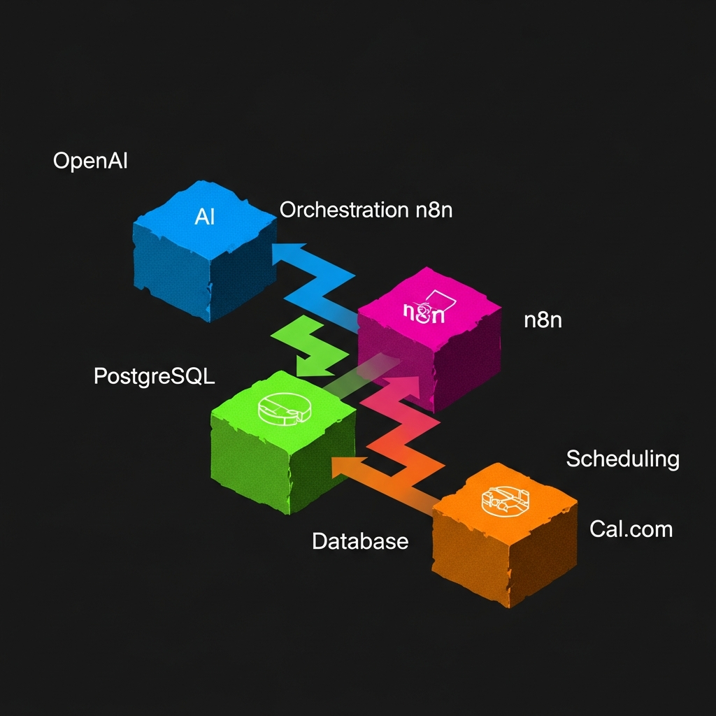 Um diagrama de arquitetura de sistema complexo mostrando módulos interconectados de IA (OpenAI) orquestração (n8n) banco de dados (PostgreSQL) e agendamento (Cal com) com setas indicando o fluxo de dados com HSL / visual tecnológico