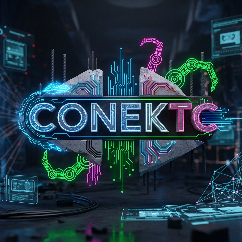 Uma representação do logotipo da Conektc com elementos de IA e automação em um fundo tecnológico futurista com HSL / visual tecnológico
