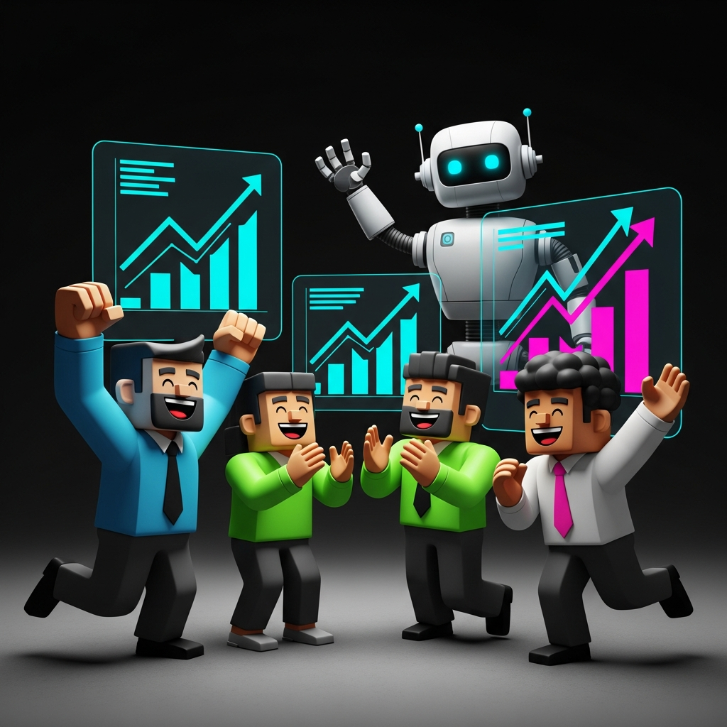 Uma imagem que representa uma equipe de vendas sorrindo e celebrando com gráficos de crescimento e um robô amigável em segundo plano simbolizando a colaboração entre humanos e IA para o sucesso com HSL / visual tecnológico
