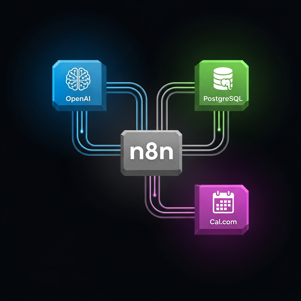 Um diagrama de arquitetura de sistema limpo e moderno mostrando n8n no centro conectando OpenAI (para IA) PostgreSQL (para banco de dados de leads) e Cal com (para agendamento) com HSL / visual tecnológico