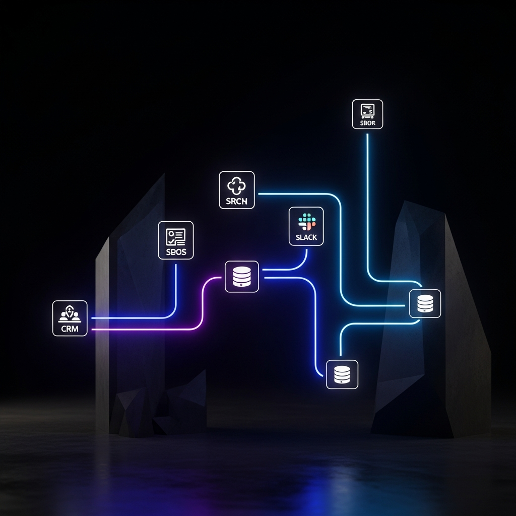 Infográfico futurista mostrando uma arquitetura de dados limpa com conexões s em neon foco na fluidez da informação entre ícones minimalistas de sistemas (CRM Slack Banco de Dados) Fundo dark profissional