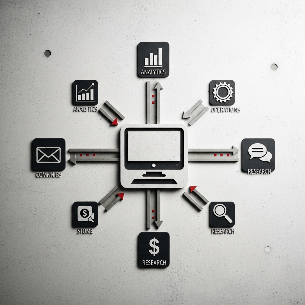Um diagrama de fluxo limpo e moderno mostrando um computador central conectado a vários ícones de ferramentas de negócios destacando a centralização da informação