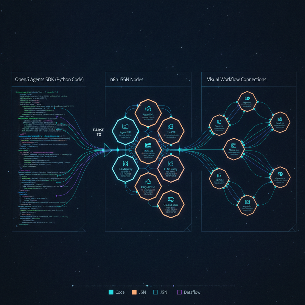 Fluxograma arquitetural: Migração e parsing do código OpenAI Agents SDK para nós estruturados do n8n