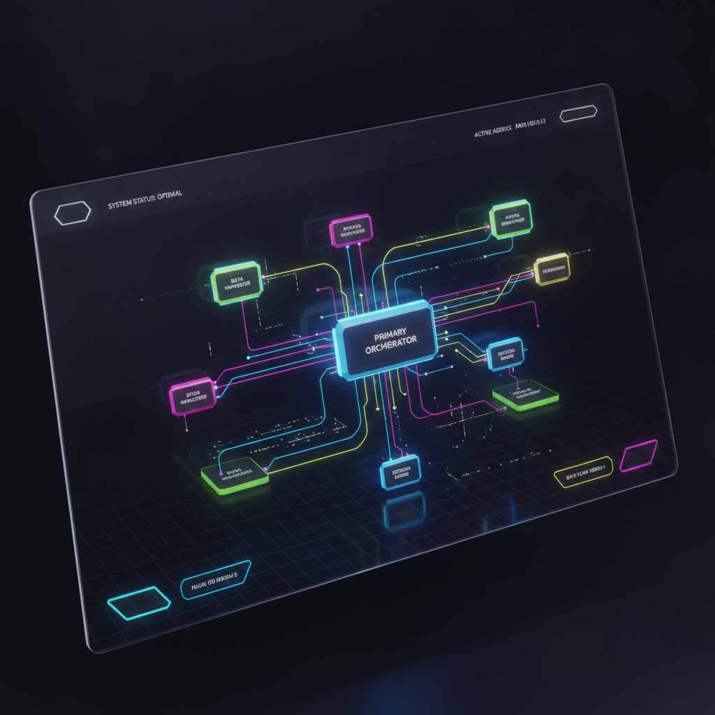 Com HSL / visual tecnológico exibindo múltiplos nós de agentes de IA interconectados em uma interface limpa de dashboard