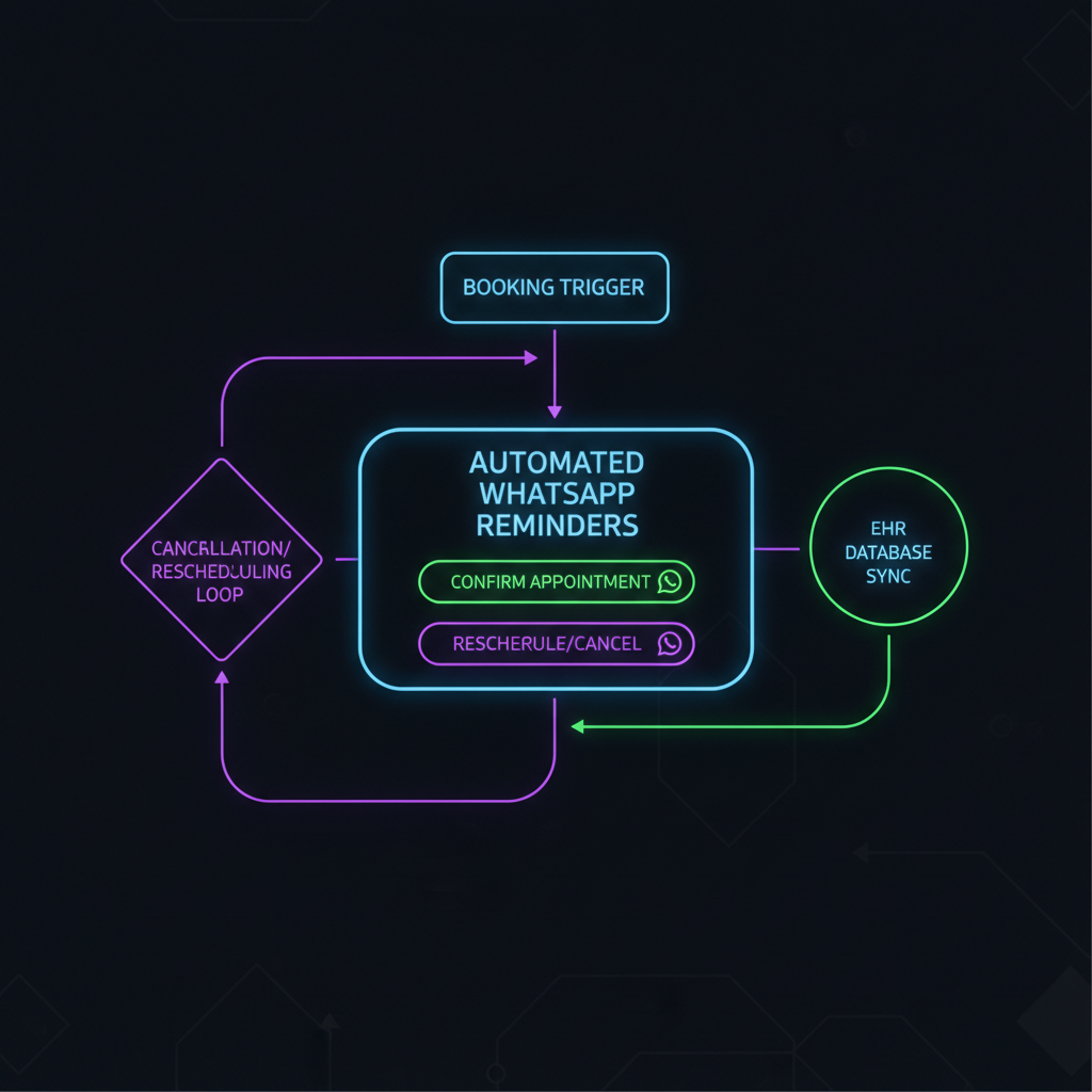 Patient journey automation flowchart booking trigger automated WhatsApp reminders with interactive confirmation buttons cancellation rescheduling loop and EHR database sync