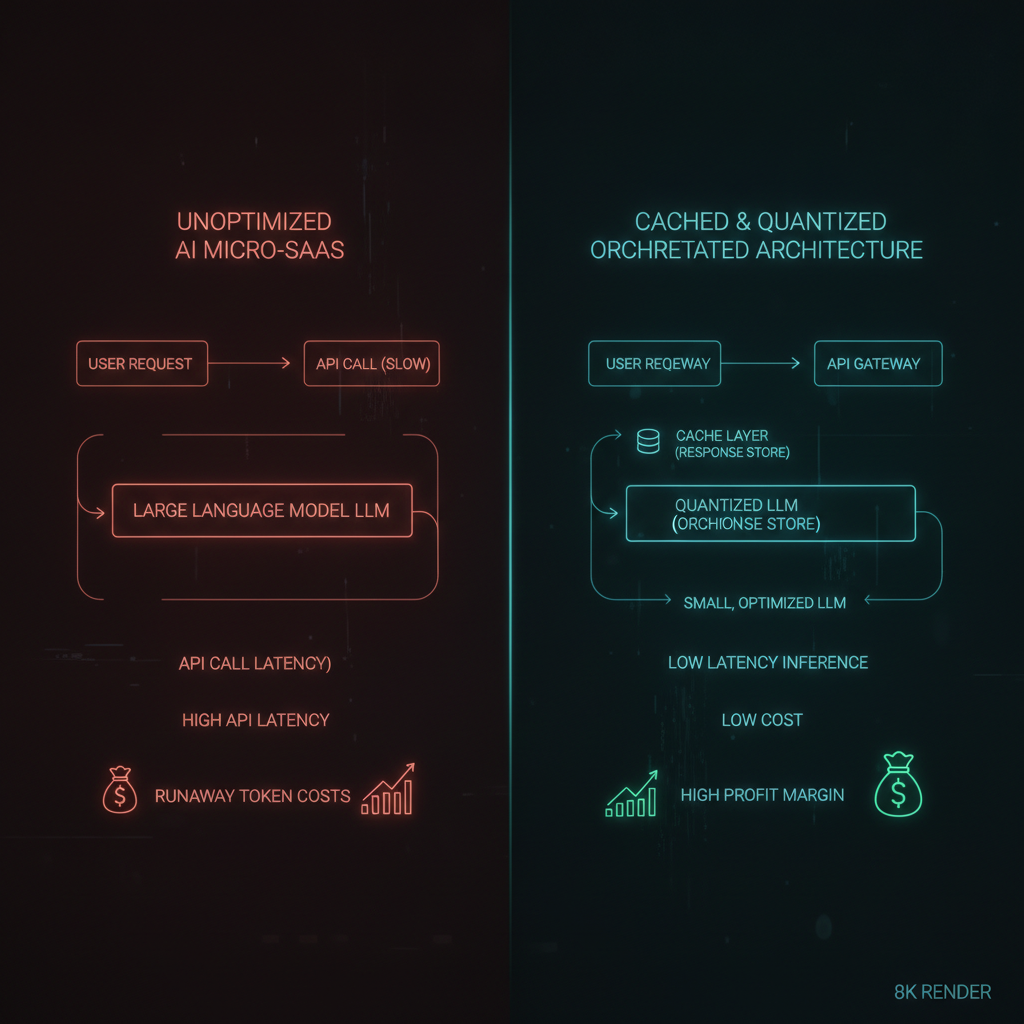 Comparative technical flowchart showing Unoptimized AI Micro SaaS (high API latency and runaway token costs) versus Cached and Quantized Orchestrated Architecture (low cost high profit margin)