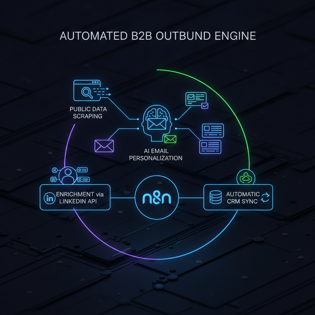 Infographic diagram of an automated B2B outbound engine public data scraping AI email personalization enrichment via LinkedIn API and automatic CRM sync via n8n