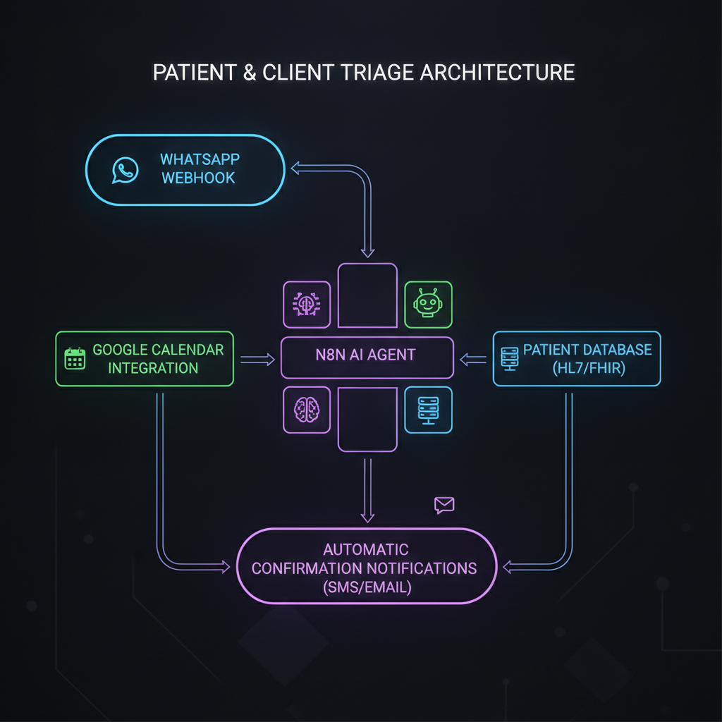 Architecture flowchart showing patient and client triage WhatsApp webhook to n8n AI Agent connected to Google Calendar and patient database with automatic confirmation notifications