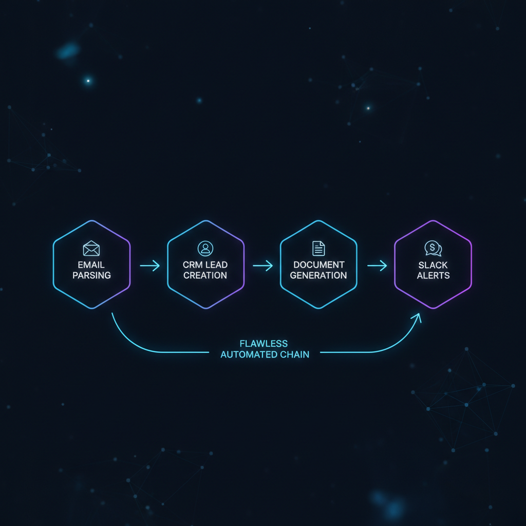 Visual workflow diagram showing office tasks automation email parsing CRM lead creation document generation and Slack alerts connected in a flawless automated chain