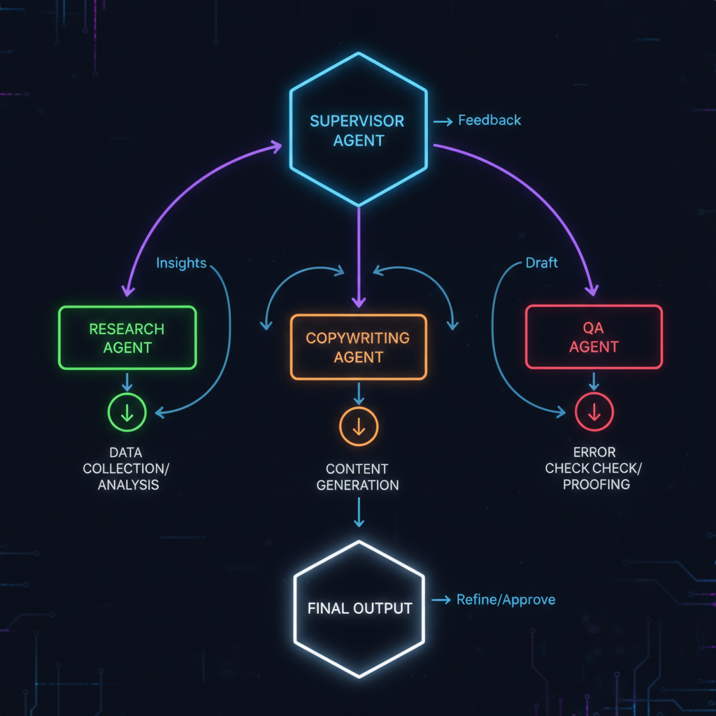 Architecture diagram illustrating multi agent orchestration in n8n Supervisor Agent delegating sub tasks to Research Copywriting and QA agents with feedback loops crisp technical design
