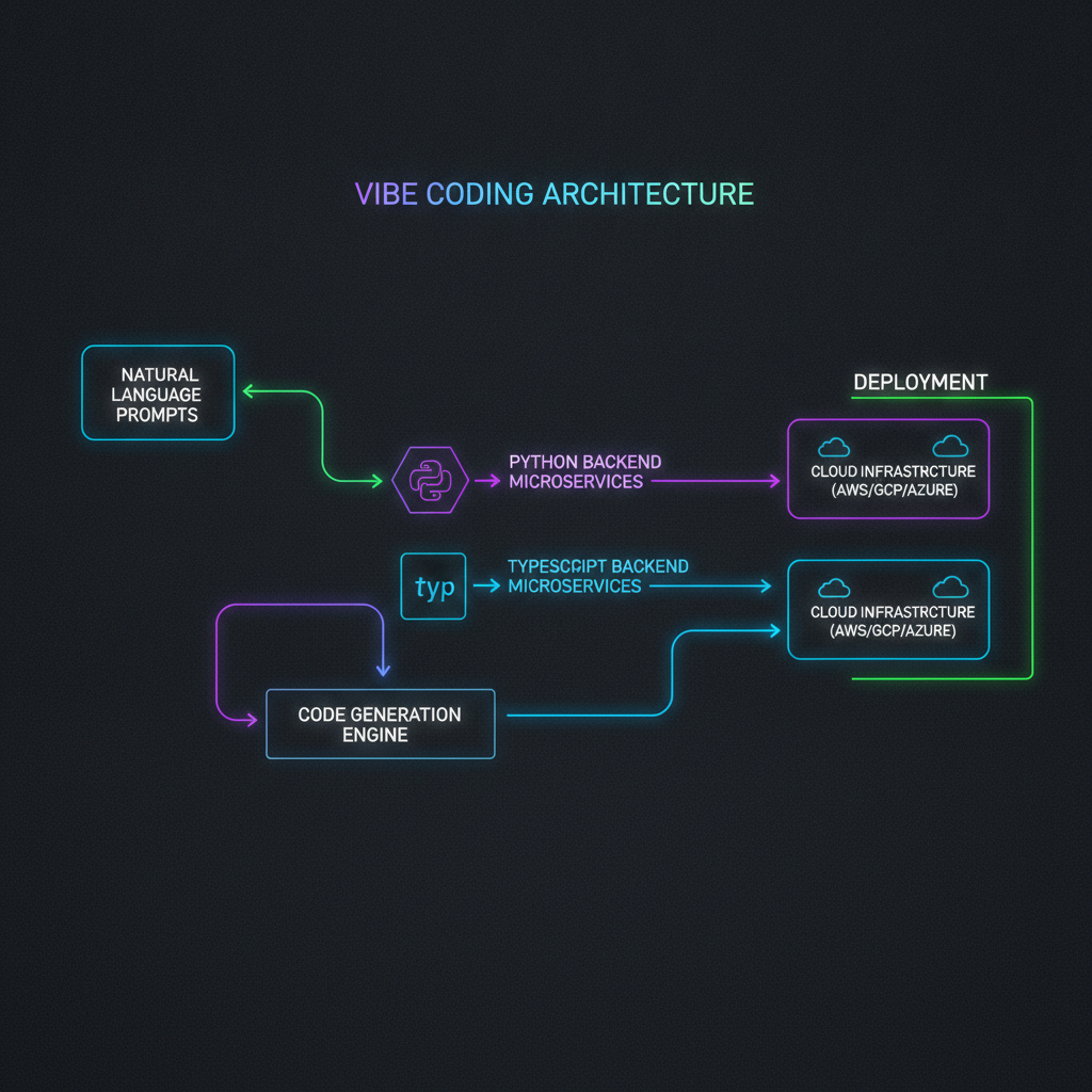 Technical flowchart showing the Vibe Coding architecture natural language prompts converted into Python and TypeScript backend microservices and deployed directly to cloud infrastructure clean dark infographic