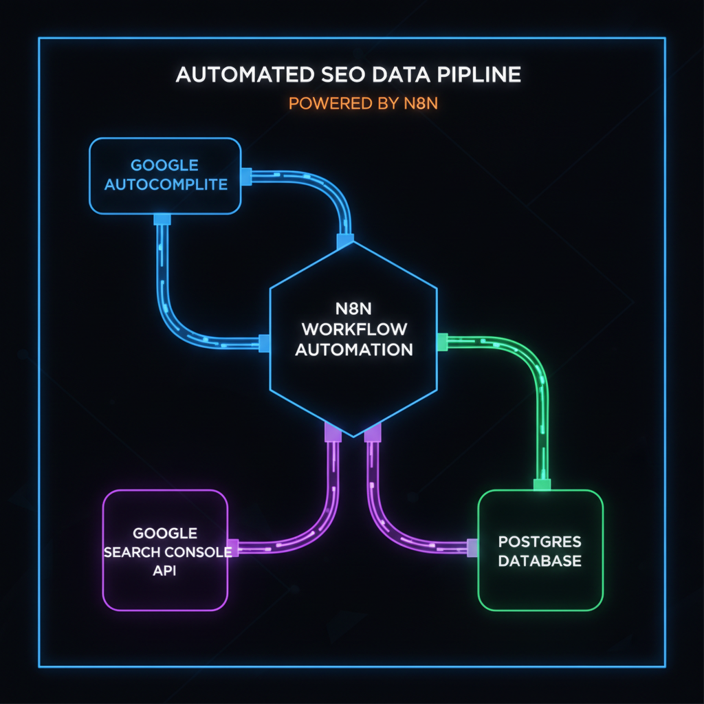 Clean schematic flowchart showing an n8n automated workflow connecting Google Autocomplete Search Console APIs and a Postgres database with glowing data cables dark theme infographic