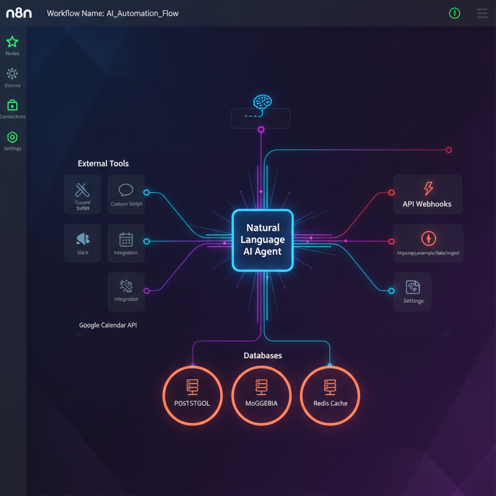 Diagrama esquemático de fluxo de dados de IA conectando nós de linguagem natural a ferramentas externas no n8n